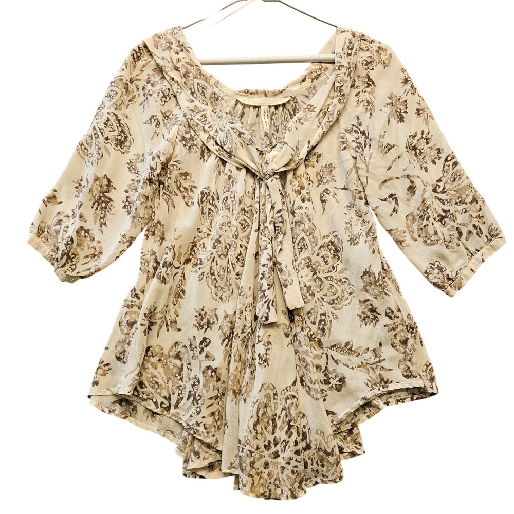 Rebecca Moses 100% Silk Floral Paisley Tie Front Cowl Back Blouse XS Brown Cream